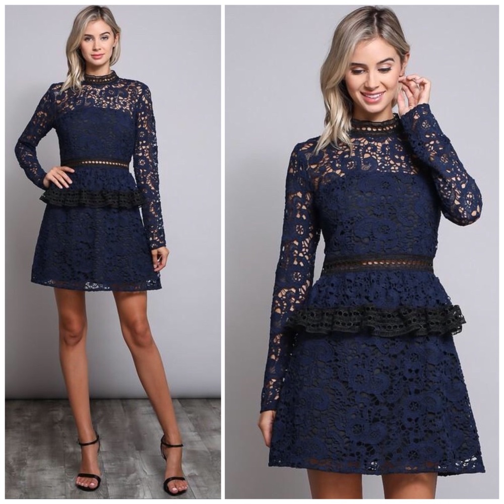 ❗️CLOSING SALE❗️ Navy Lace Ruffle Bottom Dress
